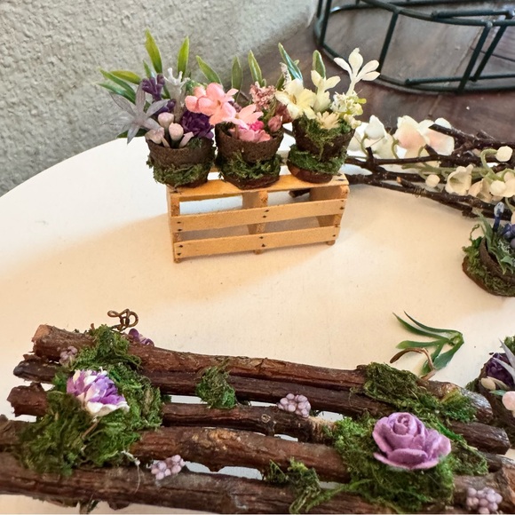Vintage handmade dollhouse miniature wood potted plants bench branches flowers - Picture 5 of 13